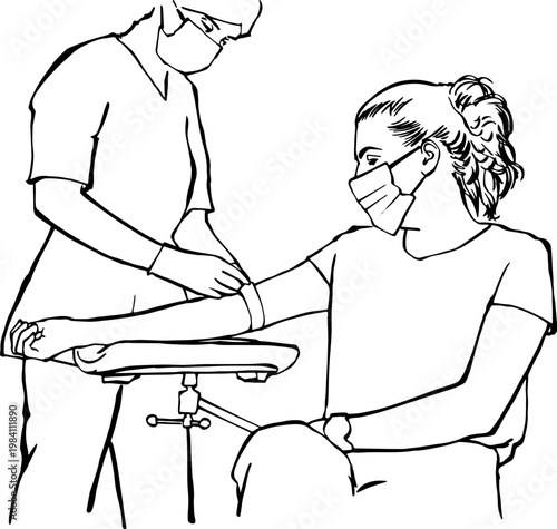 Nurse preparing patient for blood draw procedure vector sketch.