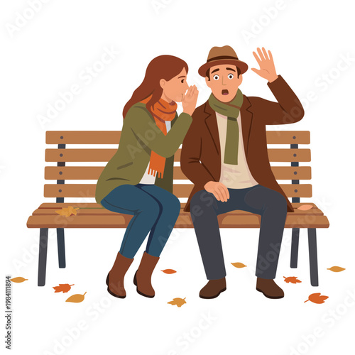 Woman whispers to surprised man sitting on a park bench in autumn.