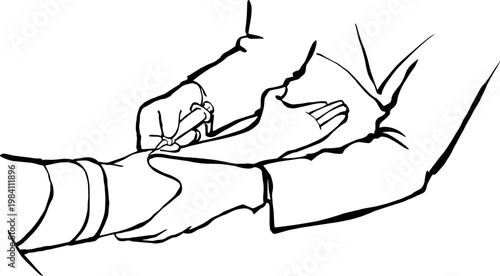 Medical professional performing blood collection with syringe vector.