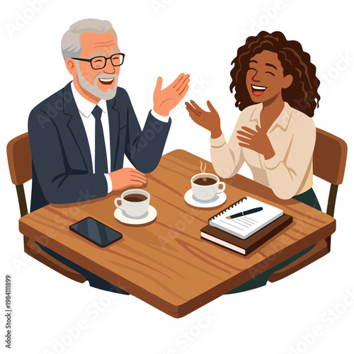 A smiling older man and a young woman discuss while sitting at a wooden table with coffee cups.
