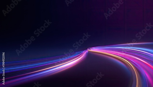 A vibrant abstract image showcases flowing, colorful light trails against a deep, dark background, creating a sense of dynamic movement and futuristic energy.
