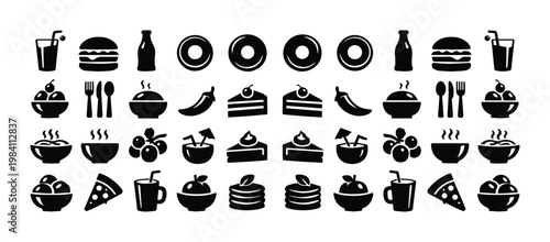 Set of 35 Black Food and Drink Icons Vector