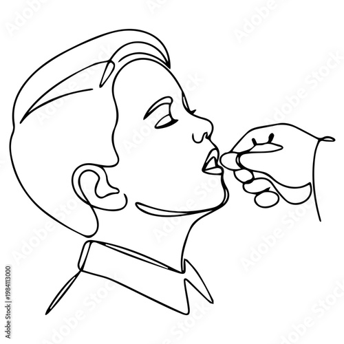 Child receiving Eucharist host one line drawing. First Holy Communion ceremony minimalist vector. Continuous line art illustration isolated on white background