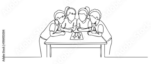 Group of children looking at a religious drawing in continuous line art. Minimalist vector illustration of kids in sunday school. One line drawing isolated on white