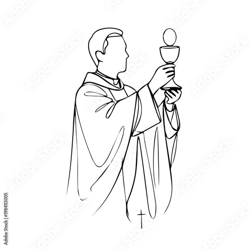 Vertical illustration of a priest holding chalice and Eucharist. Catholic communion mass concept. Minimalist continuous line vector design