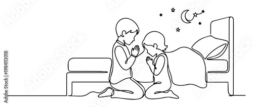 Bedtime prayer line art. Children kneeling by bed with moon and stars continuous line illustration. Night time devotion vector