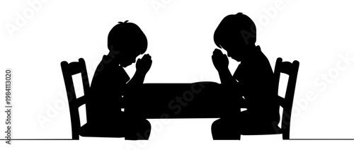 Children praying at table silhouette. Two boys with folded hands sitting at dining table vector illustration. Minimalist religious graphic