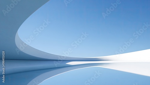 A minimalist architectural composition features flowing white curves against a clear blue sky, reflected in a polished floor.