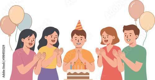 Friends celebrate a birthday with cake and balloons indoors