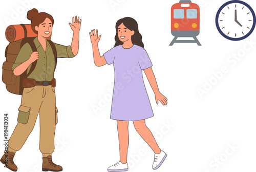 A woman in purple dress waves goodbye to a man with backpack near train.