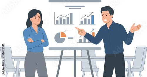 Business people discussing graphs on a presentation board in a meeting room