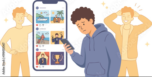 A young man in a blue hoodie looks at his phone with concern while two other men stand behind him, one stressed and the other puzzled.