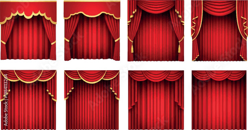 Collection of red theater curtains and stage backdrops with gold trim velvet curtains stage backdrop heavy fabric performance space curtain call stage design performance venue performance
