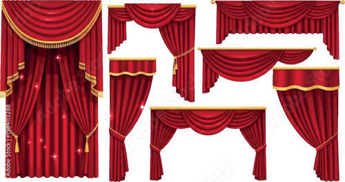 Red fabric drapes and window coverings with gold embellishments for interior decoration velvet curtains home decor interior design room decor window treatments decorative curtains household