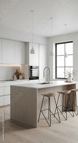 Modern Kitchen Interior with Island and Bar Stools.