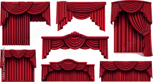 Group of luxurious red velvet drapes with decorative pleats and swags interior design home decor home furnishing window treatment living room curtains decoration classical interior material