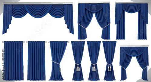 Large set of elegant blue curtains and drapery styles with decorative valances swags and tassels for interior window treatment design curtains treatment interior apartment furniture decoration