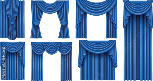 Diverse set of blue fabric window curtains and drapery featuring layered valances and pleated textures for architectural visualization and interior design curtains treatment interior decoration