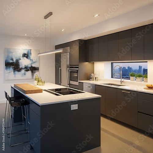 Modern Kitchen Interior with Island and City View.