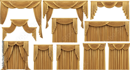 Collection of golden yellow luxury curtain designs and ornate window drapery featuring classical valances and elegant pleats for home decor curtains treatment interior classical decoration