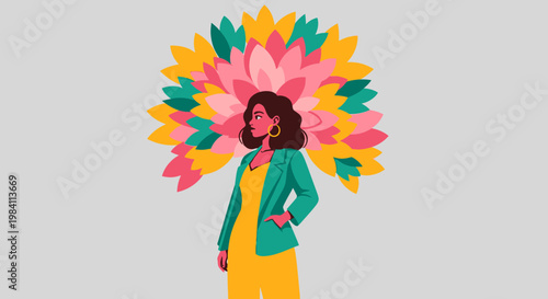 Woman in yellow outfit with colorful floral design.