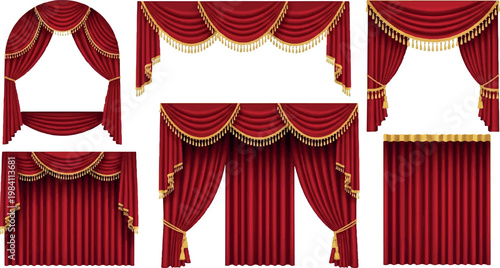 Set of ornate red velvet curtains with gold trim and tassels window treatment drapery set home decor curtain collection window dressing luxury decor stage curtains backdrop interior