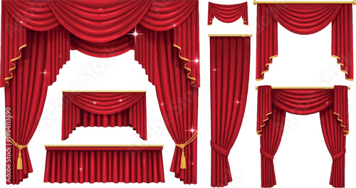 Collection of decorative red velvet stage curtains and swags with tassels window treatment drapery set home decor curtain collection living room window dressing luxury decor theatre stage