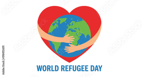 A heart shaped illustration embracing planet earth for world refugee day