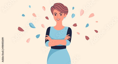 A cartoon woman with colorful leaves around her.