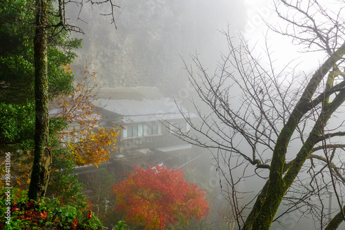 Foggy mountainside temple on Shikoku Henro with autumn foliage and traditional building in Japan