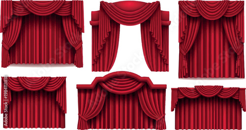 Set of red theater stage curtains with elegant swag valances and draped fabric for performance backgrounds background decoration performance isolated interior presentation entertainment
