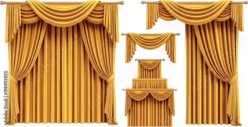 Collection of luxury golden curtains and drapery with decorative valances for home interior design and window treatments curtains interior collection decoration material apartment treatment