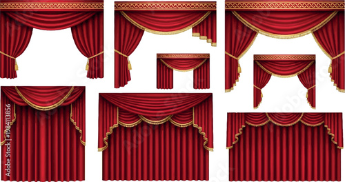 Ornate red and gold stage curtains set with intricate patterned valances and golden trim for classic theater performances performance decoration background isolated premiere festival embroidery