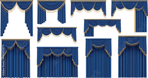 Set of royal blue theater curtains and drapes with elegant golden tassels and decorative patterned valances for luxury events performance background isolated decoration premiere illustration