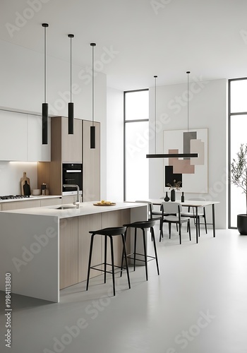 Modern Kitchen Interior with Island and Dining Area.