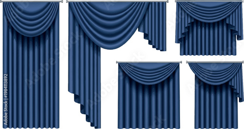 Vector illustration set of elegant blue curtains and window drapes with decorative fabric swags and symmetrical valance styles for house interior design and home furnishing decor interior decoration