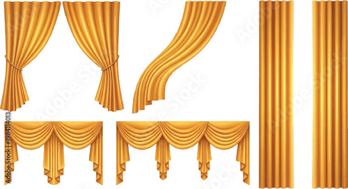 Set of golden silk curtains and decorative window drapes with elegant swags and valances for luxury home interior and event stage design curtains interior decoration collection isolated backdrop