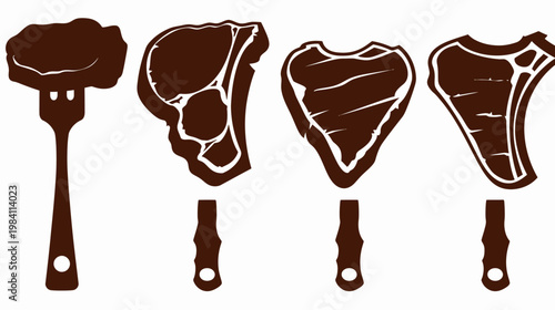 Four cuts of beef, one skewered on a fork, stylized brown shapes on white background
