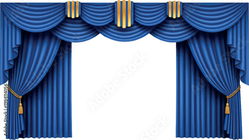 Large blue theater stage curtain with gold decorative stripes and tassels for performance auditorium and grand opening event backdrops performance auditorium backdrop background presentation