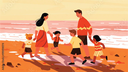 Illustration Of A Family Having Fun On A Rocky Beach Vector Design Template