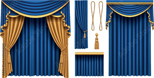Luxury blue and gold curtain set featuring different valance designs tassels drapery styles isolated on white background for high-end home interior and decor mockups curtains interior