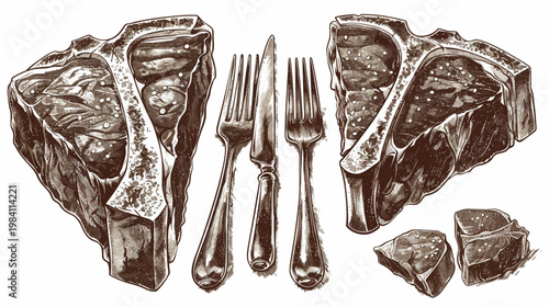 Two t-bone steaks sit beside silverware, drawn in a rustic, rough-hewn style