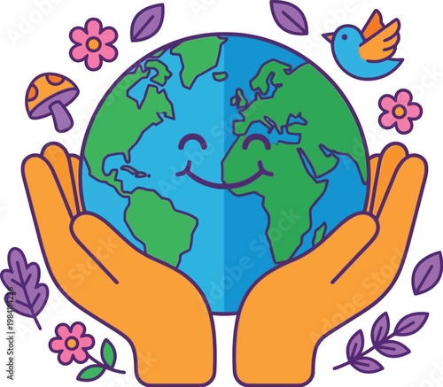 Gentle hands cradle a smiling cartoon planet Earth, surrounded by colorful flowers, leaves, a mushroom, and a bird, representing nurturing and protection of nature.