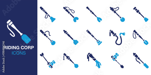 Riding Crop icon set. Containing horse, handle, control, riding, gear and more. Solid vector icons collection. Vector illustration.