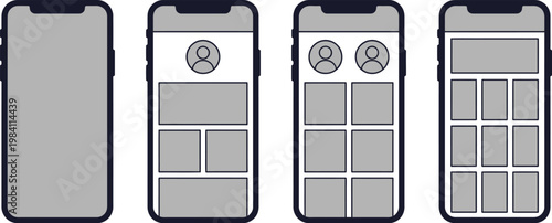 A blank smartphone screen is shown next to various mobile app wireframe layouts and interface templates.