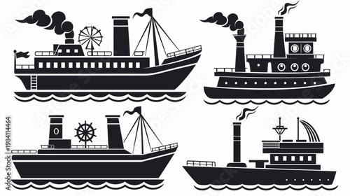 Four black steamships with varied details depicted in silhouette style above wavy water