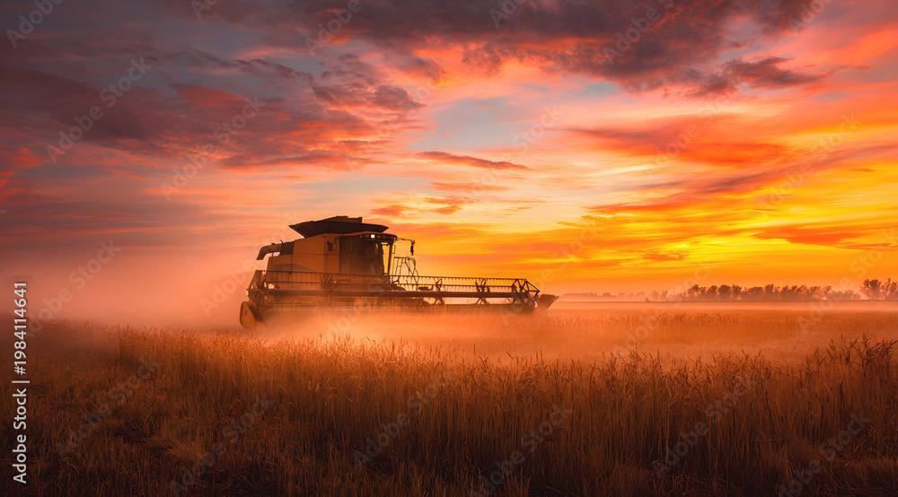 Fototapeta premium Combine harvester working in wheat field at dramatic sunset