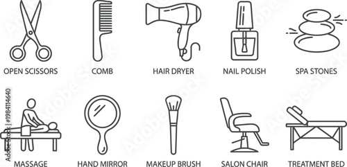 Spa and salon icons set including hair care tools and beauty treatments