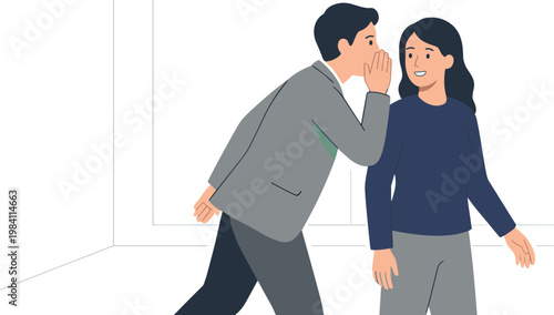 Man whispers secret to surprised woman in office interior setting quietly