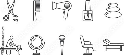set of black line icons for beauty salon and spa